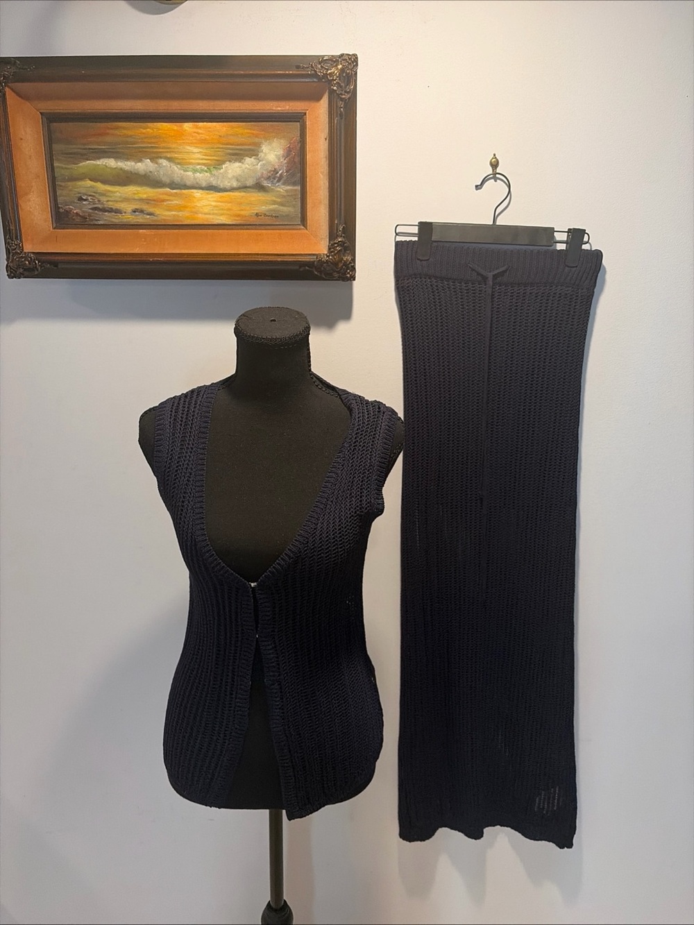 Vest Skirt Matching Set Moon River Knit Navy Blue Boho Hippie 90s